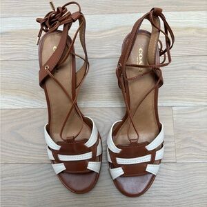 Coach Kiara Brown & White Leather Lace-Up Heeled Sandals